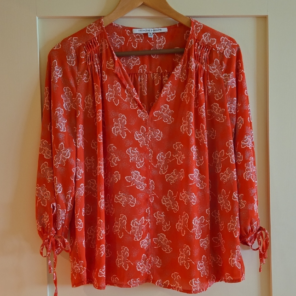 Collective Concepts Vibrant Orange Patterned (flowers) Blouse (S)